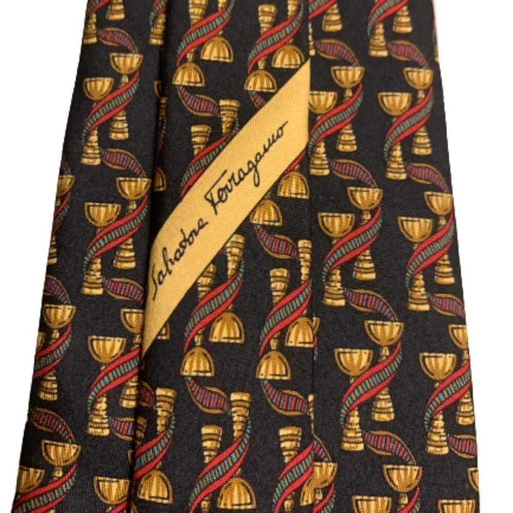 Made in Italy Salvatore Ferragamo 100% Silk Tie Black Background Victory Cups